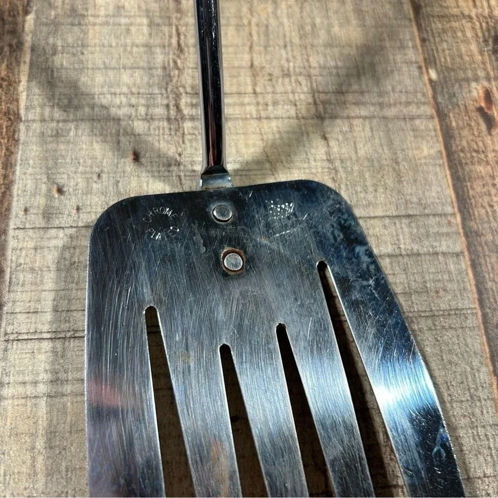 Vintage Foley USA Chrome Slotted Spatula Black Handle Mid Century 11.5